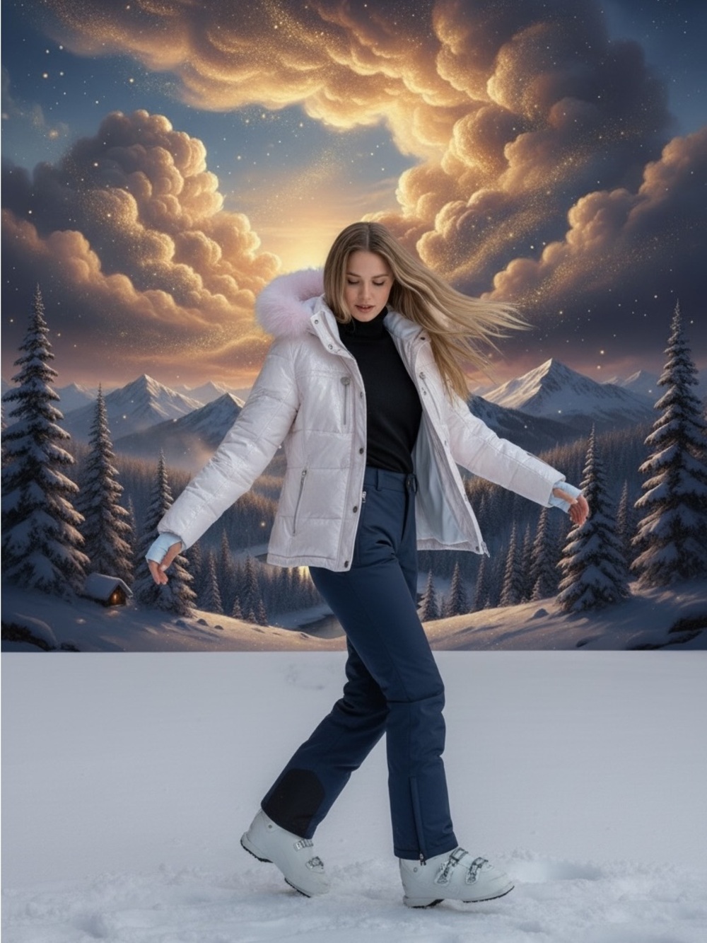 Light Pink Womens Ski Jacket with Faux Fur Hood